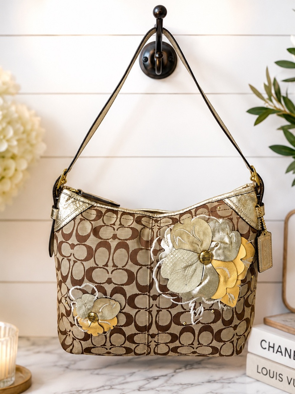 COACH Signature Floral Appliqué Hobo Bag Gold Tan Y2K